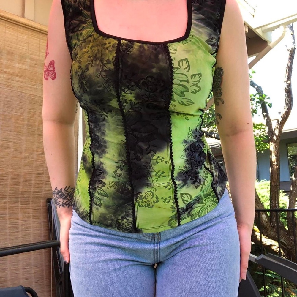 ◾️Vintage Y2K Sami Jo Gothic Green Ivy Tie Dye Square Neck Sleeveless Top